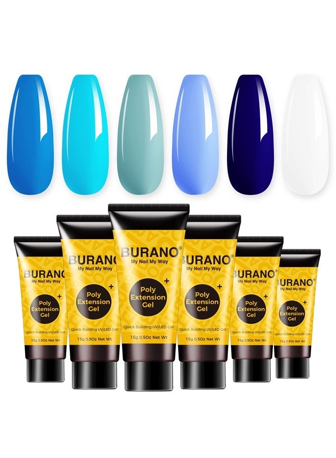BURANO Poly Extension Nail Gel Kit, 6 Tubes Blue Colors Nail Poly Nails Builder Gel Set for Beginner, Poly Nail Gel Kits Home DIY Nail Design Set - Image 1