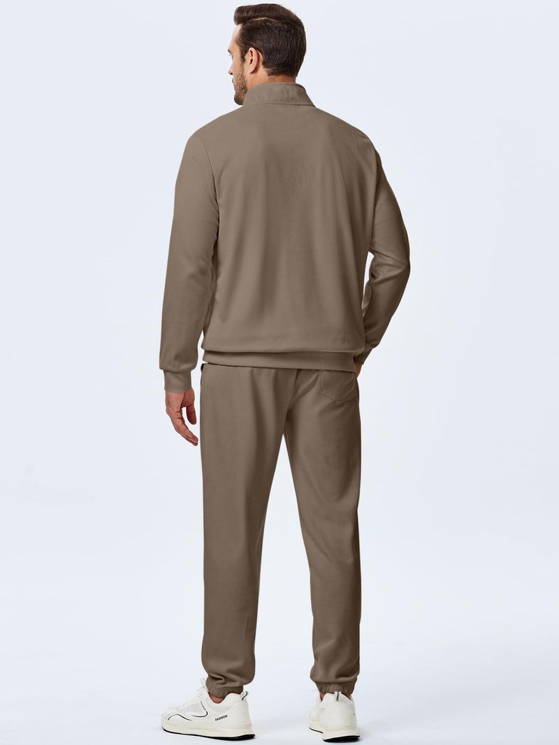 JMIERR Men Fashion Comfy Twill Essential 2 Piece Set Quarter Zip Workout Sweatsuits Jogger Tracksuit Running with Pockets, L, Brown - Image 4
