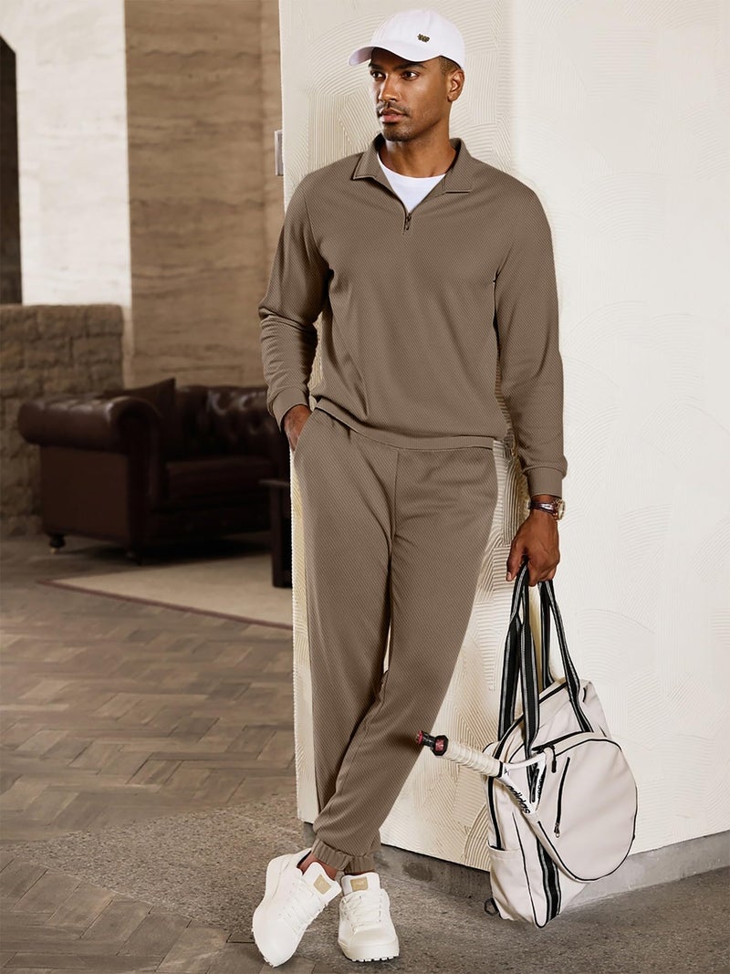 JMIERR Men Fashion Comfy Twill Essential 2 Piece Set Quarter Zip Workout Sweatsuits Jogger Tracksuit Running with Pockets, L, Brown - Image 2