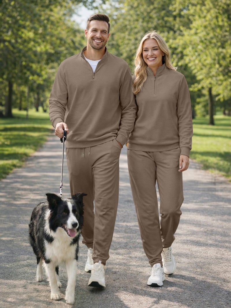 JMIERR Men Fashion Comfy Twill Essential 2 Piece Set Quarter Zip Workout Sweatsuits Jogger Tracksuit Running with Pockets, L, Brown - Image 3