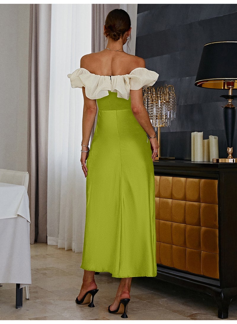 SIMPLEE Women Off Shoulder Ruffle Contrast Satin Split Bodycon Midi Evening Party Dress - Image 4