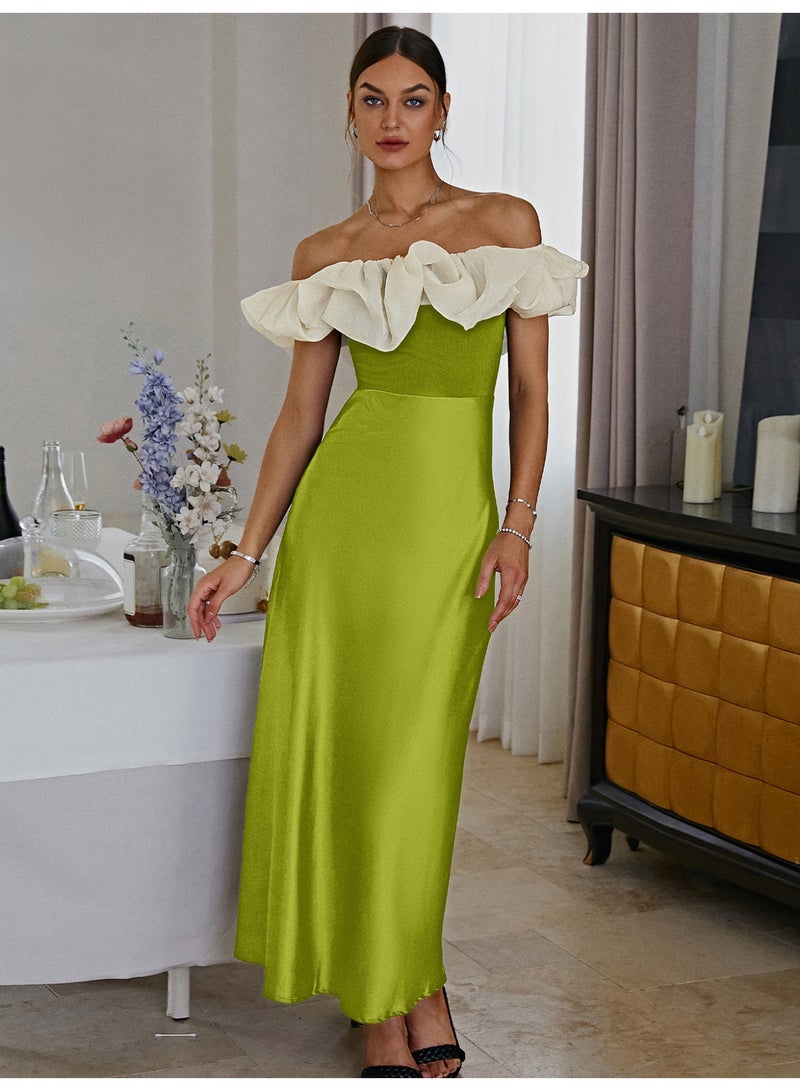 SIMPLEE Women Off Shoulder Ruffle Contrast Satin Split Bodycon Midi Evening Party Dress - Image 2