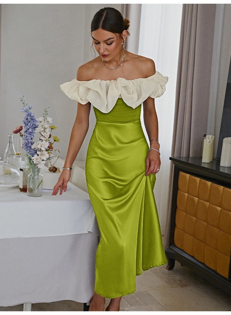 SIMPLEE Women Off Shoulder Ruffle Contrast Satin Split Bodycon Midi Evening Party Dress - Image 1