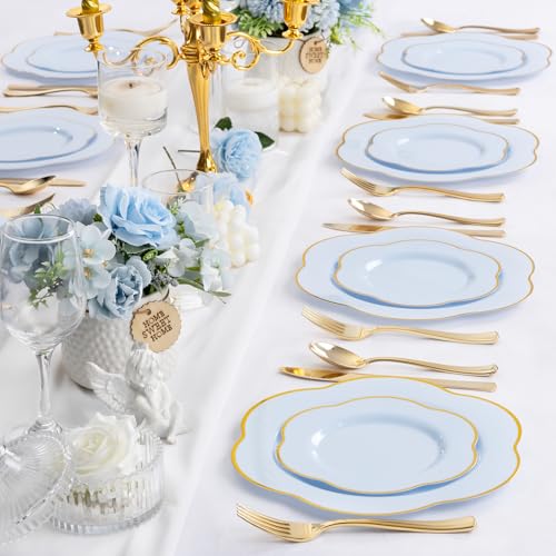 Liacere 50PCS Light Blue Plastic Plates - Heavy Duty Ice Blue Disposable Plates - Blue and Gold Plastic Plates Include 25PCS Blue Dinner Plates, 25PCS Blue Dessert Plates for Baby Shower&Spring&Party - Image 2