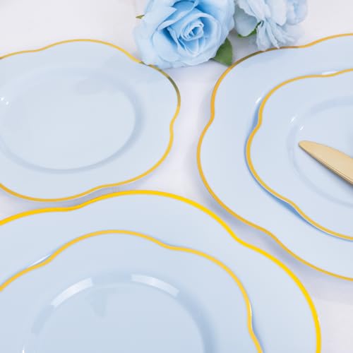 Liacere 50PCS Light Blue Plastic Plates - Heavy Duty Ice Blue Disposable Plates - Blue and Gold Plastic Plates Include 25PCS Blue Dinner Plates, 25PCS Blue Dessert Plates for Baby Shower&Spring&Party - Image 5