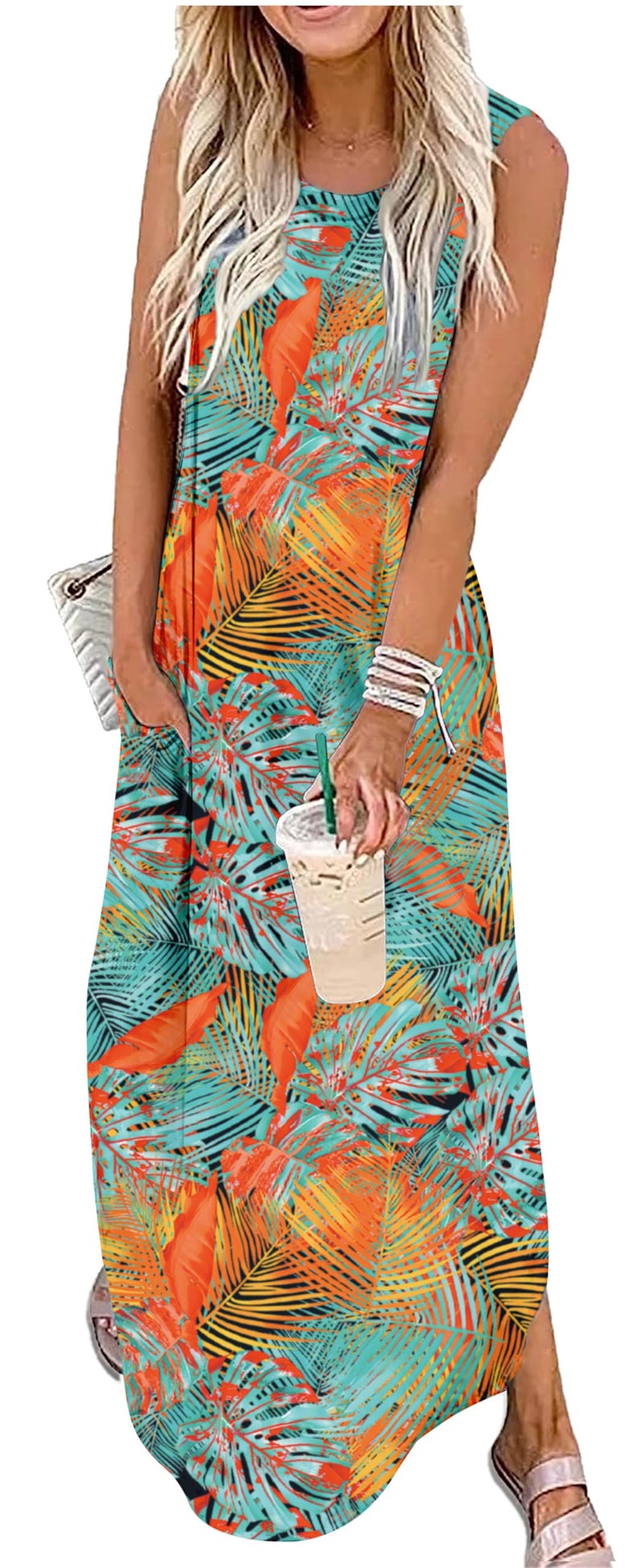 CHUNTIANRAN Hawaiian Dresses for Women Tropical Casual Long Dress Summer Beach Vacation Sundresses Cruise Maxi Dresses with PocketsCoconut TreeLarge