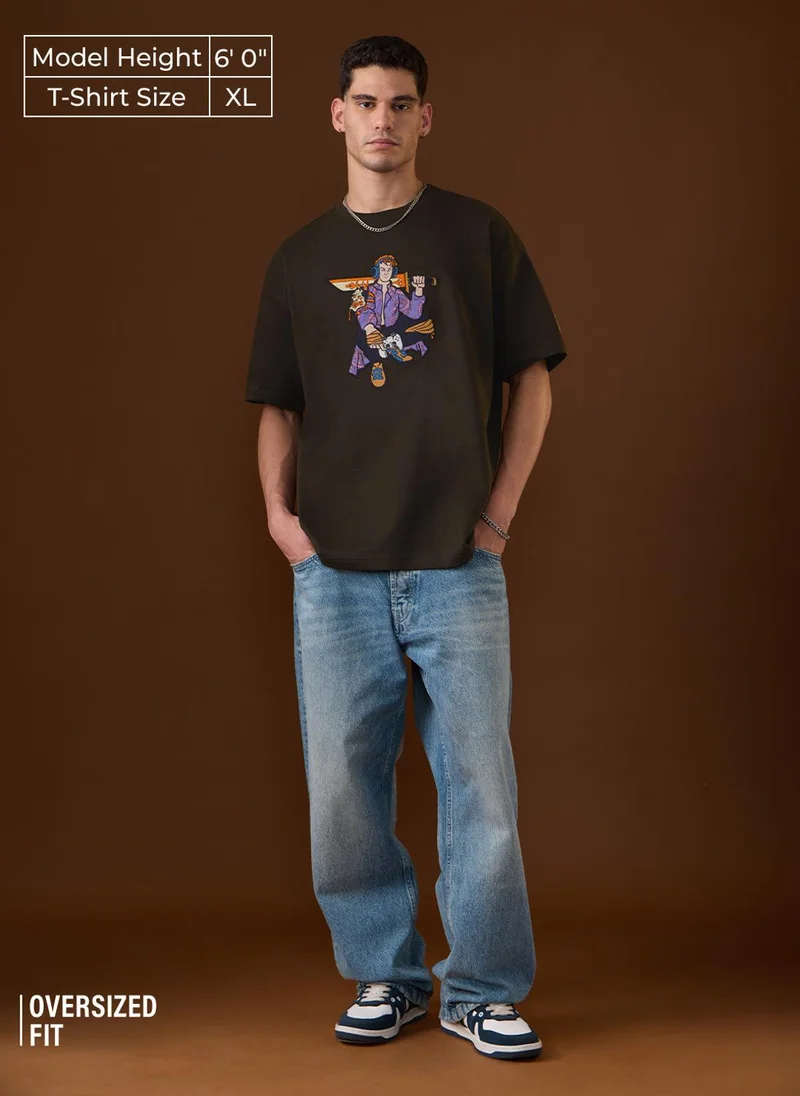 ذا سوليد ستور The Souled Store Ukiyo: E-Gamer Men and Boys Short Sleeves Round Neck Embroidered Oversized T-Shirt