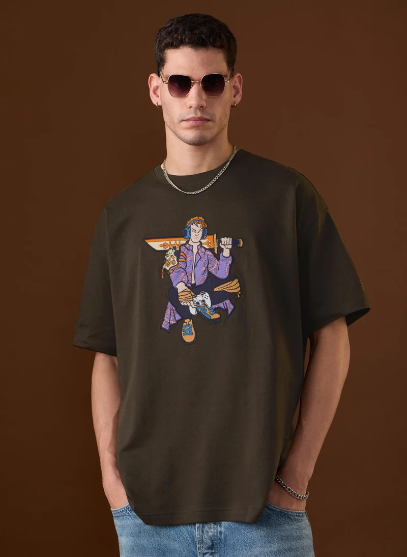 ذا سوليد ستور The Souled Store Ukiyo: E-Gamer Men and Boys Short Sleeves Round Neck Embroidered Oversized T-Shirt