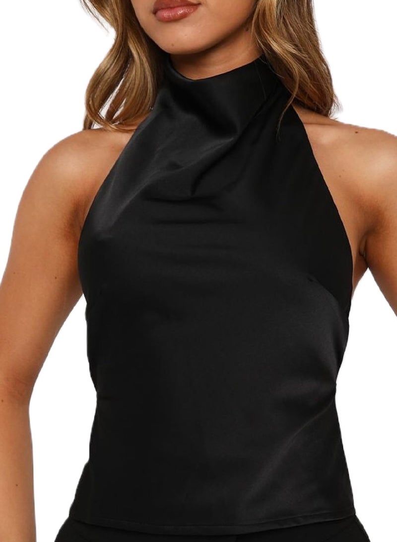 Passec Open Back Halter Tops for Women Bow Tie Back Ruched Ruffle Crop Tops Smocked Y2K Going Out Camisoles (A Black, S) - Image 1