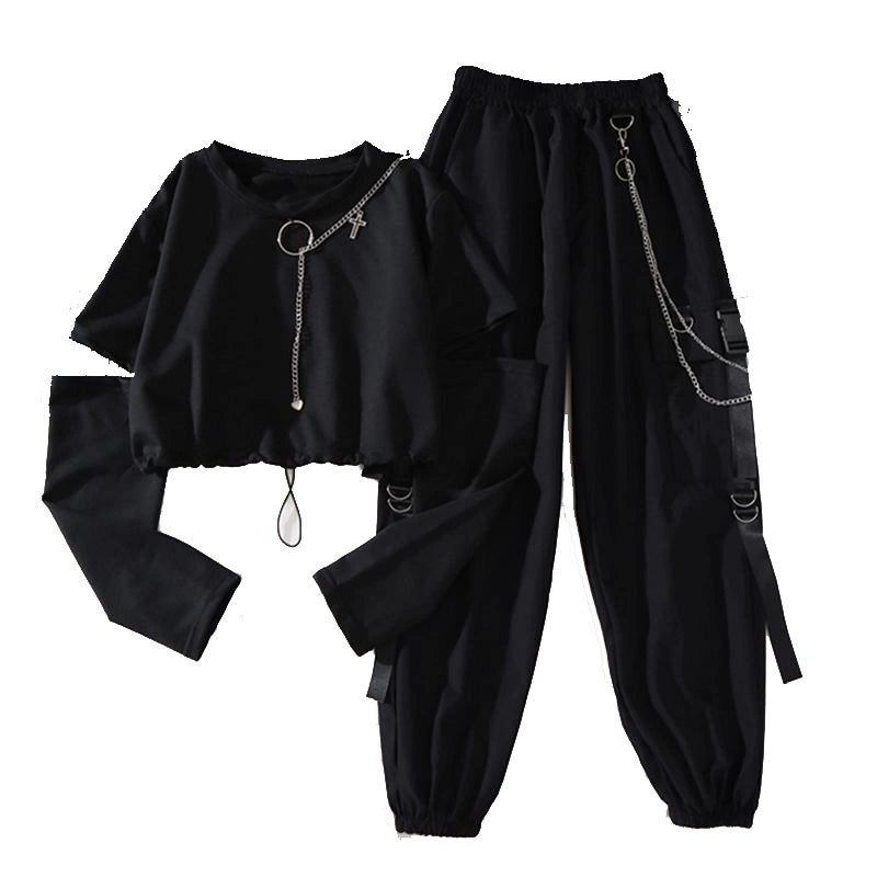 PEXIZUAN Gothic Women's Harajuku Overalls Handsome and Cool Two-Piece Suit Chain Long Sleeve + Ribbon Pants(2 Piece,M) - Image 1