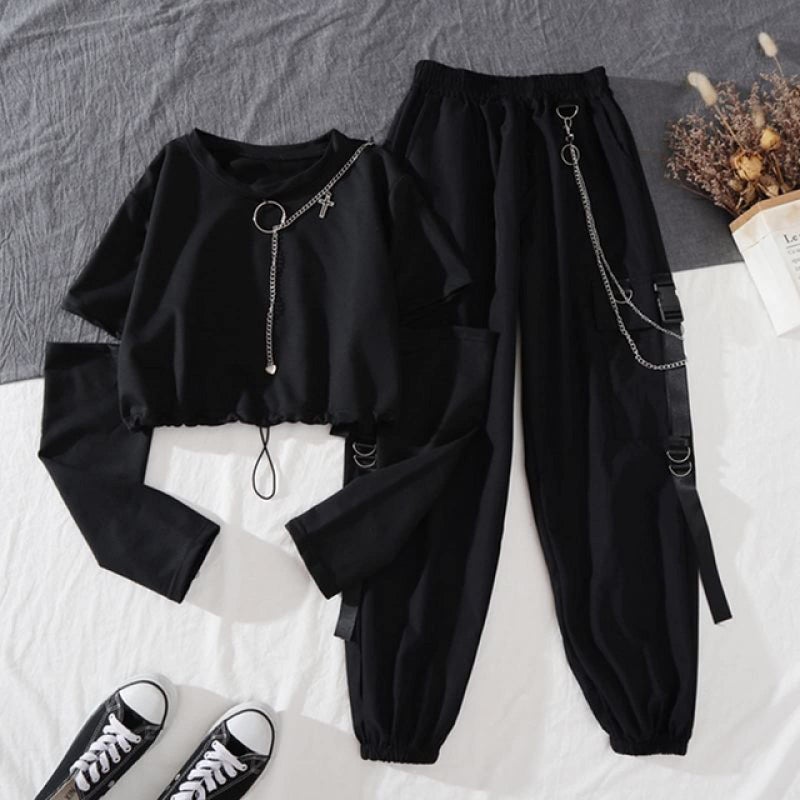 PEXIZUAN Gothic Women's Harajuku Overalls Handsome and Cool Two-Piece Suit Chain Long Sleeve + Ribbon Pants(2 Piece,M) - Image 2