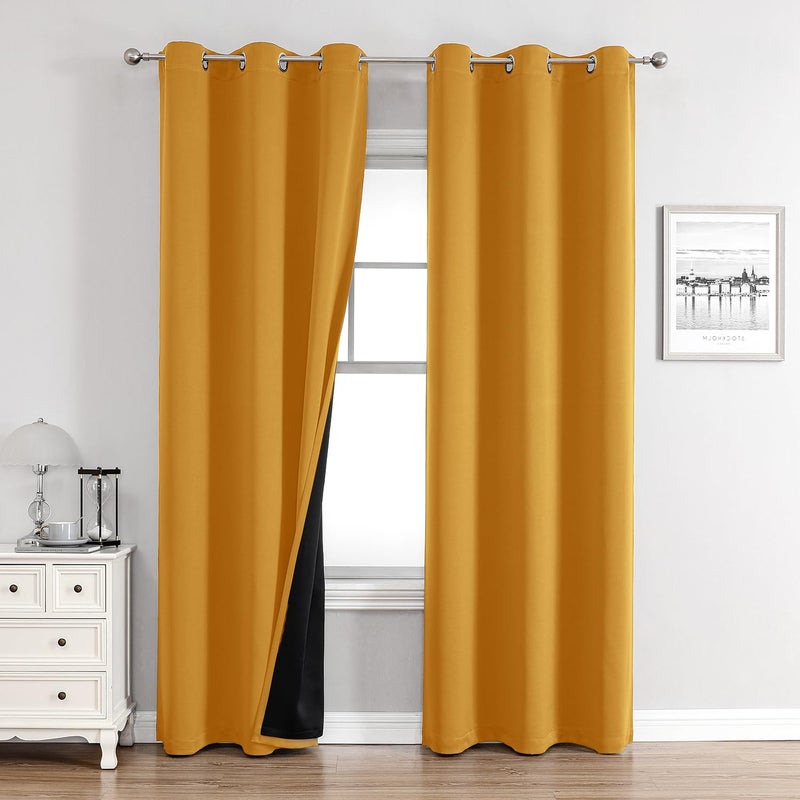 ChrisDowa 100% Blackout Curtains for Bedroom with Black Liner  2 Thick Layers Total Blackout Thermal Insulated Grommet Window Curtains 2 Panels Set (Mustard Yellow  42 x 84 Inch) - Image 1
