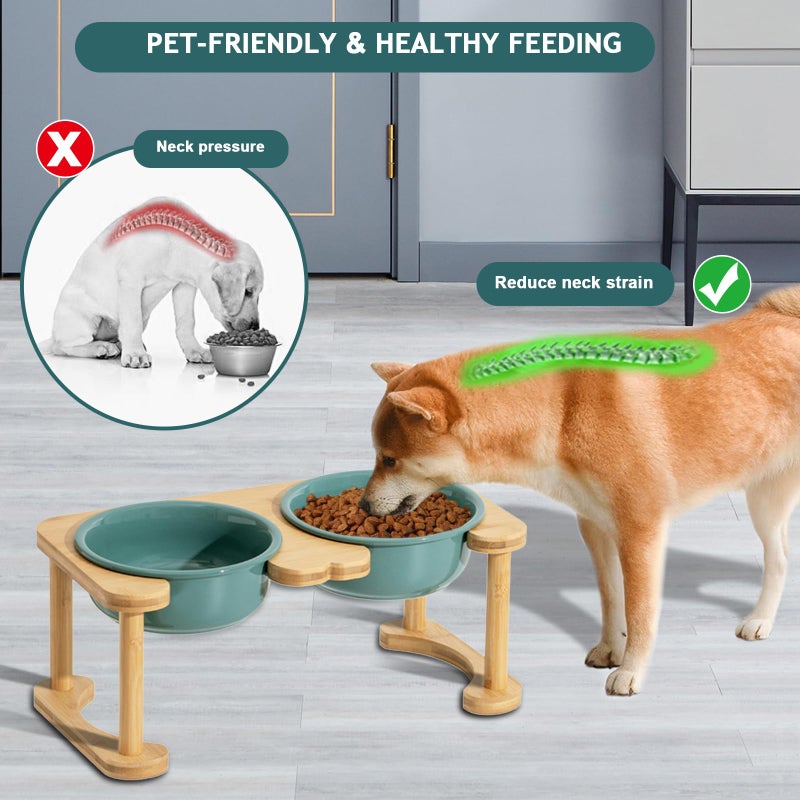 Wordcam Elevated Ceramic Dog Bowls, Raised Dog Bowl with Anti-Slip Stand, Pet Feeding Dishes for Medium Sized Dogs, Weighted Pet Feeder Bowls, Dog Food and Water Bowl Set(6.3" Tall-28oz-Dark Green) - Image 2