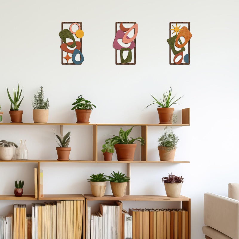 Pigort 3 Pcs Wooden Abstract Wall Art Mid Century Modern Wall Art Modern Elegance Wall Decor Geometric Home Decoration for Living Room Office 9.2x15.7inch - Image 4