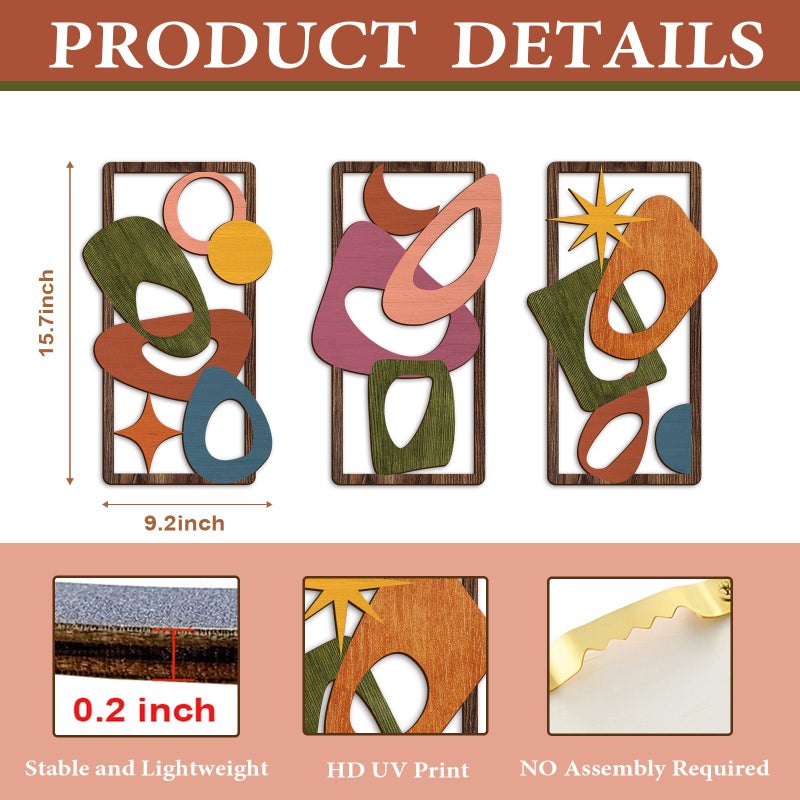 Pigort 3 Pcs Wooden Abstract Wall Art Mid Century Modern Wall Art Modern Elegance Wall Decor Geometric Home Decoration for Living Room Office 9.2x15.7inch - Image 2