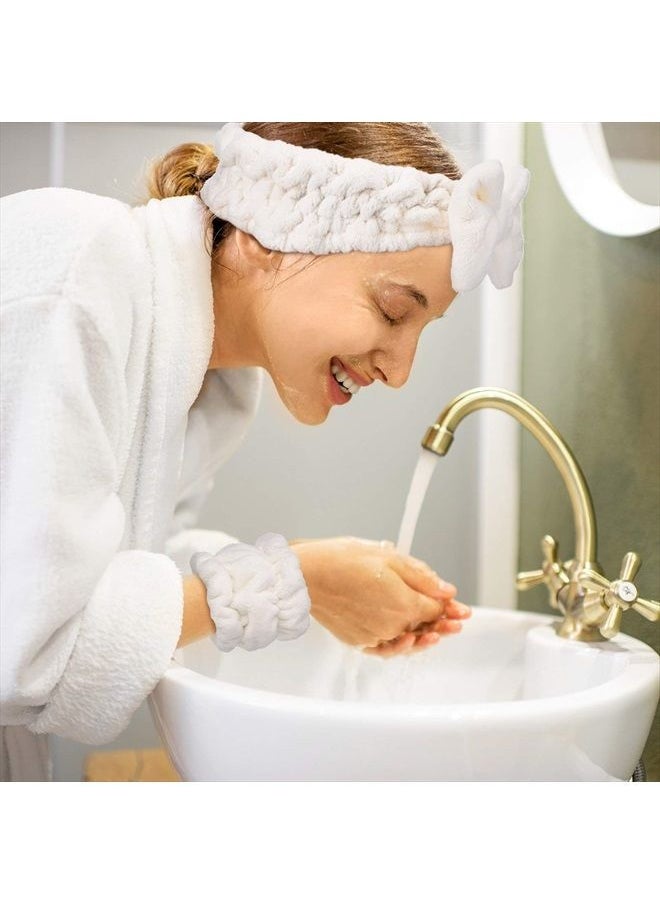 Chuangdi - 4 Pieces Spa Headband Wrist Washband Scrunchies Cuffs for Washing Face, Towel Wristbands Hair Headband Face Wash Wristband for Women Girls Makeup Prevent Liquids from Spilling Down Your Arms (White) - Image 1