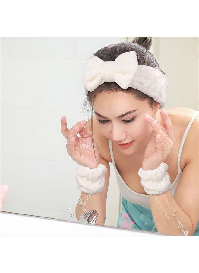 Chuangdi - 4 Pieces Spa Headband Wrist Washband Scrunchies Cuffs for Washing Face, Towel Wristbands Hair Headband Face Wash Wristband for Women Girls Makeup Prevent Liquids from Spilling Down Your Arms (White) - Image 1