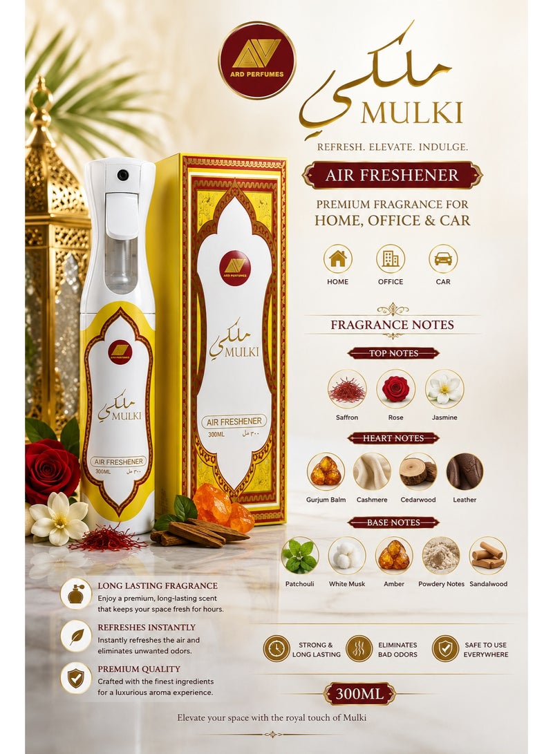 ARD PERFUMES Mulki Air Freshener Spray By Ard Perfumes for Home, Office & Car – Long Lasting Luxury Fragrance – Saffron, Rose & Oud Notes – 300ml - Image 3