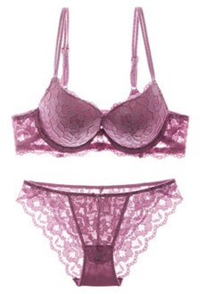 Comfy Solid Color Lace Bra And Panty Set Purple