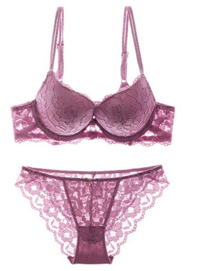 Loquat - Comfy Solid Color Lace Bra And Panty Set Purple - Image 1