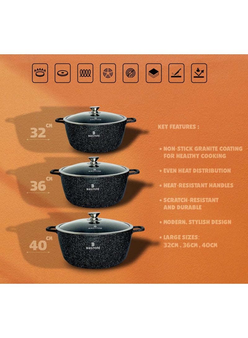 Bidstone 6-Piece Nonstick Granite Cookware Set – Premium Cookwares with Stainless Steel Rim, Oven-Safe Pots | Includes 32cm (9 L), 36cm (13.2 L), and 40cm (19 L) Soup Pots with Lids - Image 2