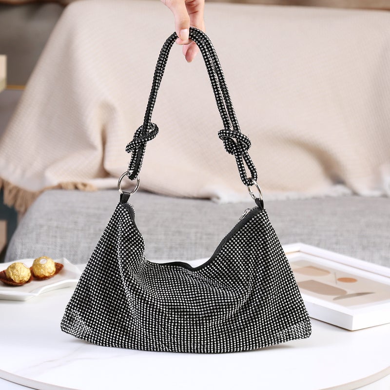 Women's Crystal Rhinestone Knot Bucket Bag Crossbody Shoulder Bag in Gold/Silver/Black - Image 5