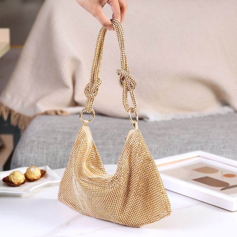 Women's Crystal Rhinestone Knot Bucket Bag Crossbody Shoulder Bag in Gold/Silver/Black - Image 3