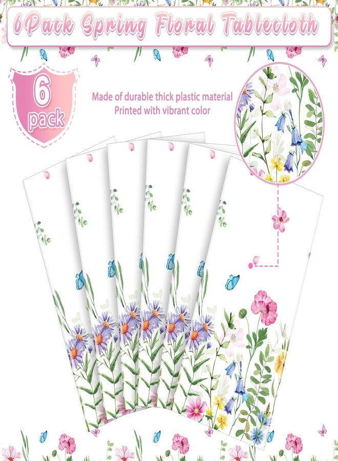 Jectivs 6Pcs Spring Floral Plastic Tablecloth,Pink Purple Blue Flower Butterfly Disposable Table Cover for Home Decor Summer Spring Picnic Dining Holiday Weeding Birthday Tea Party Decorations,54x108 Inch - Image 3