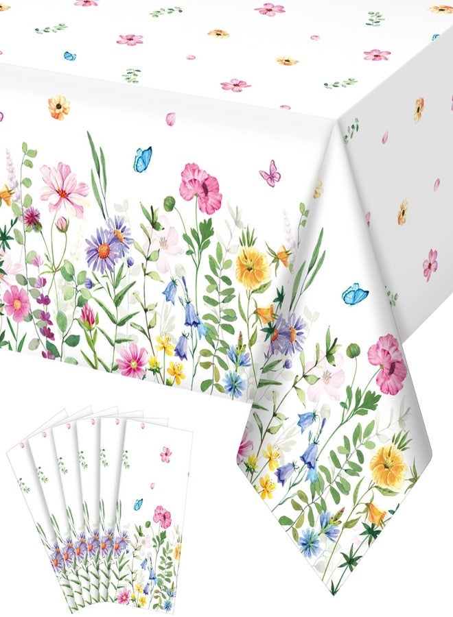 Jectivs 6Pcs Spring Floral Plastic Tablecloth,Pink Purple Blue Flower Butterfly Disposable Table Cover for Home Decor Summer Spring Picnic Dining Holiday Weeding Birthday Tea Party Decorations,54x108 Inch - Image 1