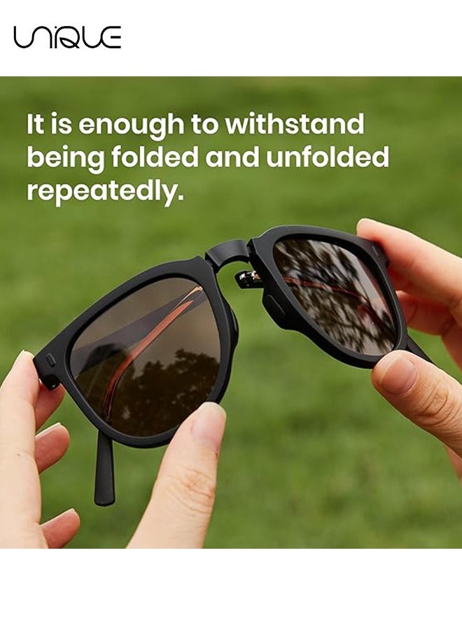 Unique Foldable Sun Glasses Women Men, Square Folding Easy Carry Foldable Shades UV Protection Lens, Sun Protection Sunglasses Suitable for Summer Outdoor Beach Travel Camping - Black Frame Tea Flakes  - Image 4