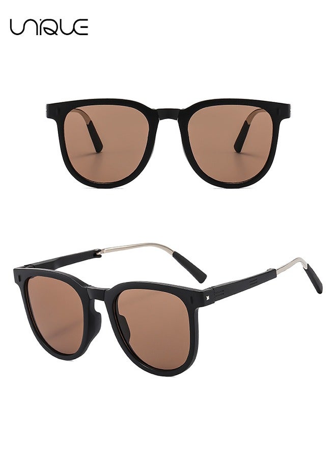 Unique Foldable Sun Glasses Women Men, Square Folding Easy Carry Foldable Shades UV Protection Lens, Sun Protection Sunglasses Suitable for Summer Outdoor Beach Travel Camping - Black Frame Tea Flakes  - Image 3