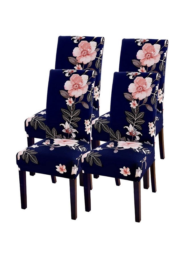 Styleys أغطية كراسي طعام مرنة قابلة للغسل من بوليستر مزخرفة بالزهور (طقم من 4، زهور باللون الأزرق الداكن، SLMC167) - Image 1