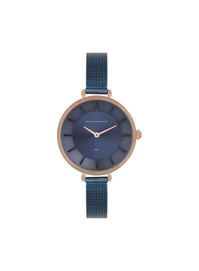 فرنش كونكشن Women's Analog Watch with Blue Stainless Steel Mesh Bracelet, Rose Gold Case