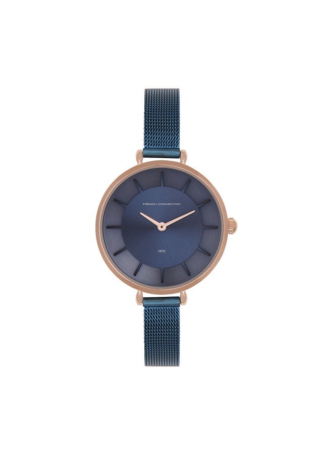 French Connection Women's Analog Watch with Blue Stainless Steel Mesh Bracelet, Rose Gold Case  - Image 1