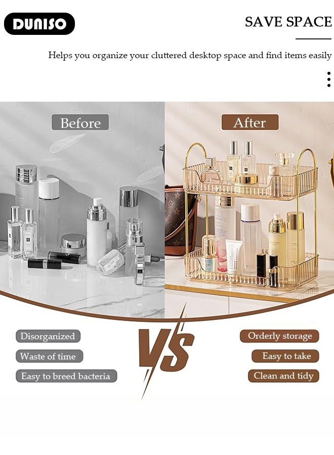 DUNISO منظم سطح الحمام لتخزين مستحضرات التجميل، رف تجميل للعناية بالبشرة بطبقتين مع مقبض محمول، منظم مكياج وعطر لصينية تسريحة، منظم رف توابل للمطبخ - Image 3