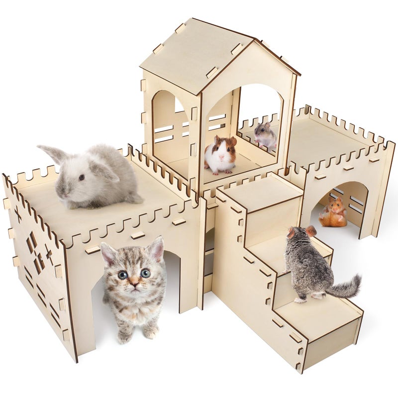 Bissap Wooden Rabbit Hideout Castle, Extra Large Bunny Houses and Hideouts Indoor Outdoor Rabbit Hidey Habitat for Bunnies Chinchillas Hamsters Guinea Pigs Detachable Small Animal Play Hideaway Hut - Image 1