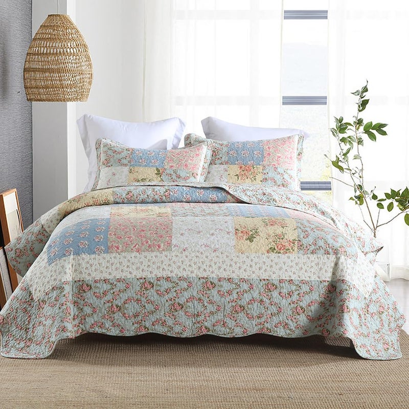 camandy Cotton Bedspread Quilt Bedding Sets 3 Pieces Reversible Coverlet Sets Comforters Green Rose Floral Patchwork Bedspread King Size