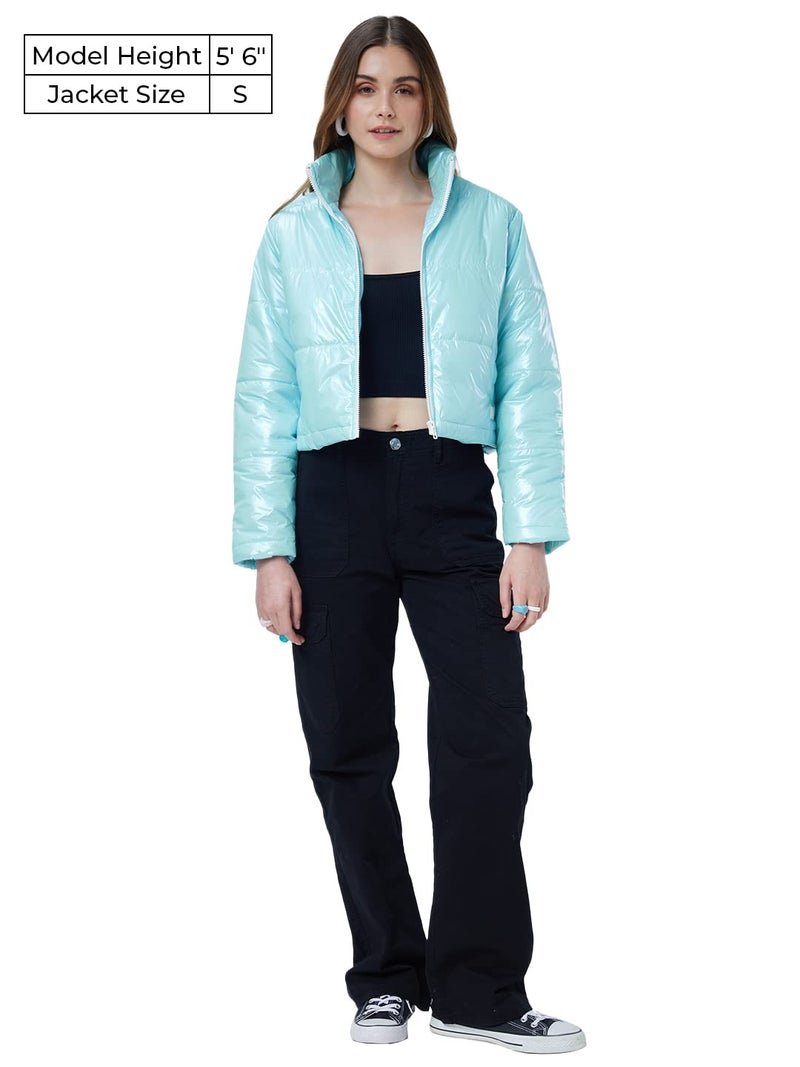 The Souled Store| Solids: Aqua Women and Girl Jackets|Full Sleeve|Regular fit Solid| 100% Polyester Sky Blue Color Women Puffer Jackets - Image 3