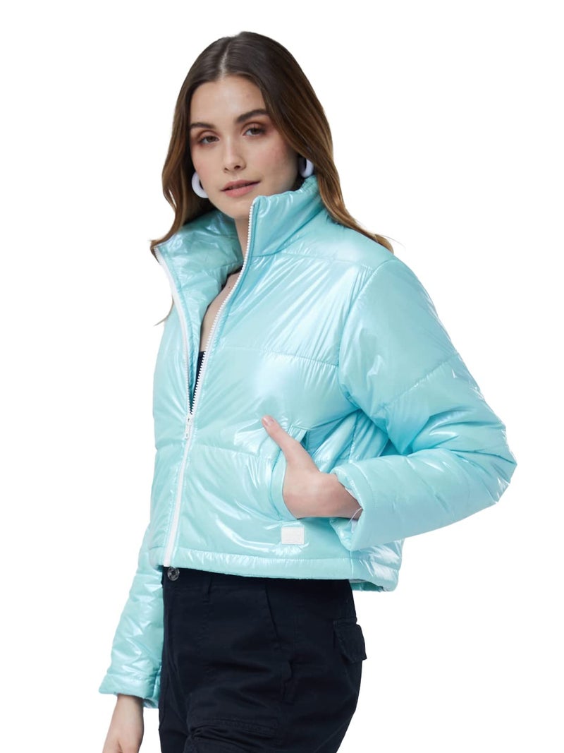 The Souled Store| Solids: Aqua Women and Girl Jackets|Full Sleeve|Regular fit Solid| 100% Polyester Sky Blue Color Women Puffer Jackets - Image 5