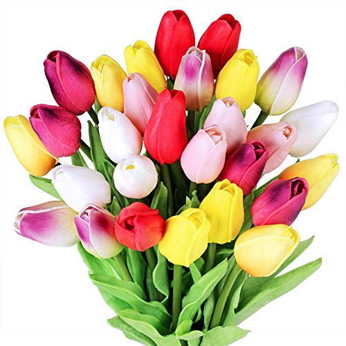 Winlyn 28 Pcs Multicolor Tulips Artificial Flowers Faux Tulip Stems Real Feel PU Tulips Easter Spring Wedding Bouquet Centerpiece Floral Arrangement Cemetery Table Décor 14" Tall - Image 1