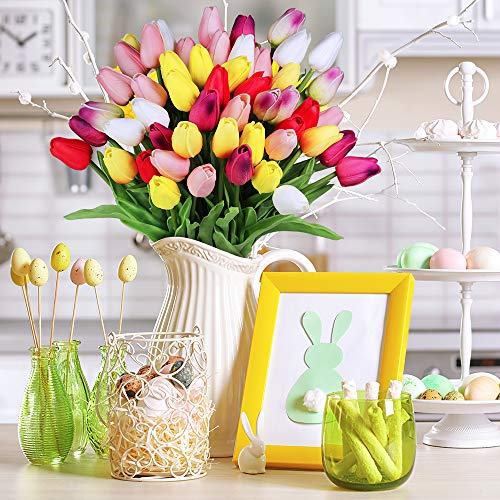 Winlyn 28 Pcs Multicolor Tulips Artificial Flowers Faux Tulip Stems Real Feel PU Tulips Easter Spring Wedding Bouquet Centerpiece Floral Arrangement Cemetery Table Décor 14" Tall - Image 3