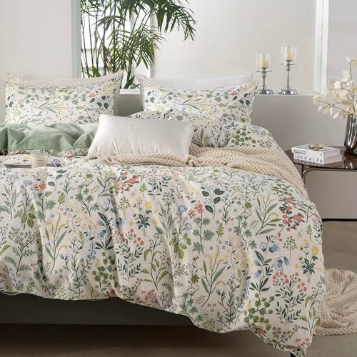 BUPIRD Queen Duvet Cover Set Floral 100% Soft Cotton 3 Pieces Flower Bedding Set for Girls Fresh Chic Garden Style Green Botanical Floral Pattern Printed Flower Queen Duvet Cover, with Zipper Closure - Image 4