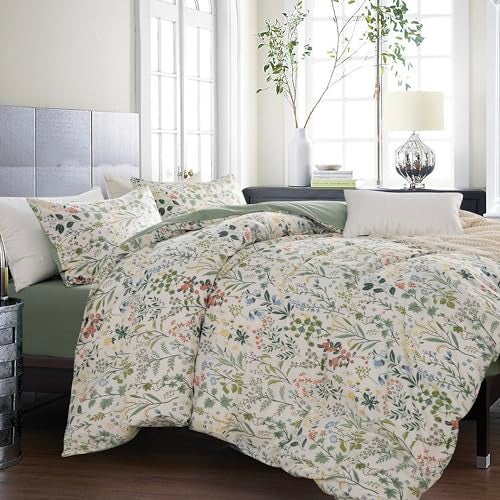 BUPIRD Queen Duvet Cover Set Floral 100% Soft Cotton 3 Pieces Flower Bedding Set for Girls Fresh Chic Garden Style Green Botanical Floral Pattern Printed Flower Queen Duvet Cover, with Zipper Closure - Image 3