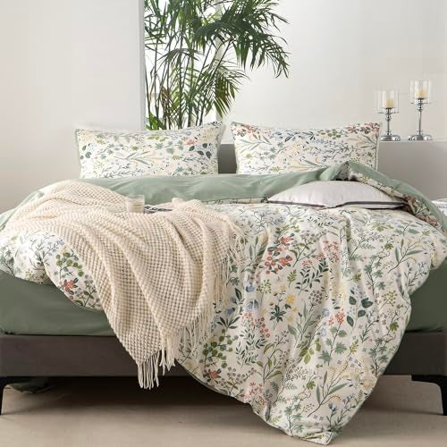 BUPIRD Queen Duvet Cover Set Floral 100% Soft Cotton 3 Pieces Flower Bedding Set for Girls Fresh Chic Garden Style Green Botanical Floral Pattern Printed Flower Queen Duvet Cover, with Zipper Closure - Image 2
