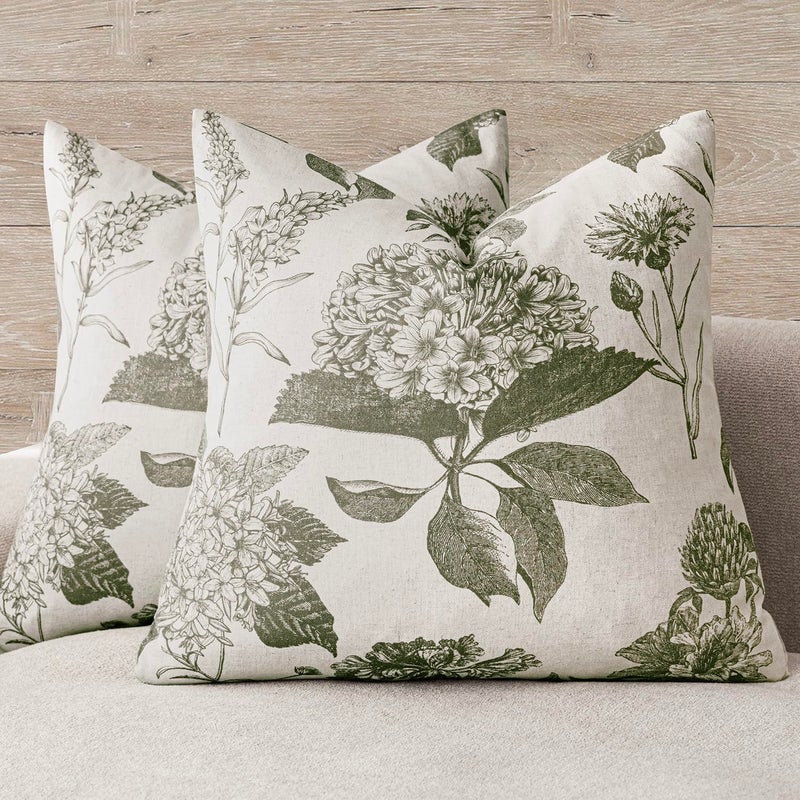 Foindtower Set of 2 Linen Floral Throw Pillow Covers Vintage Accent Print Decorative Cushion Covers Farmhouse Boho Home Decor for Sofa Chair Couch Bedroom Living Room,20Ã—20 Inch,Sage Green - Image 1