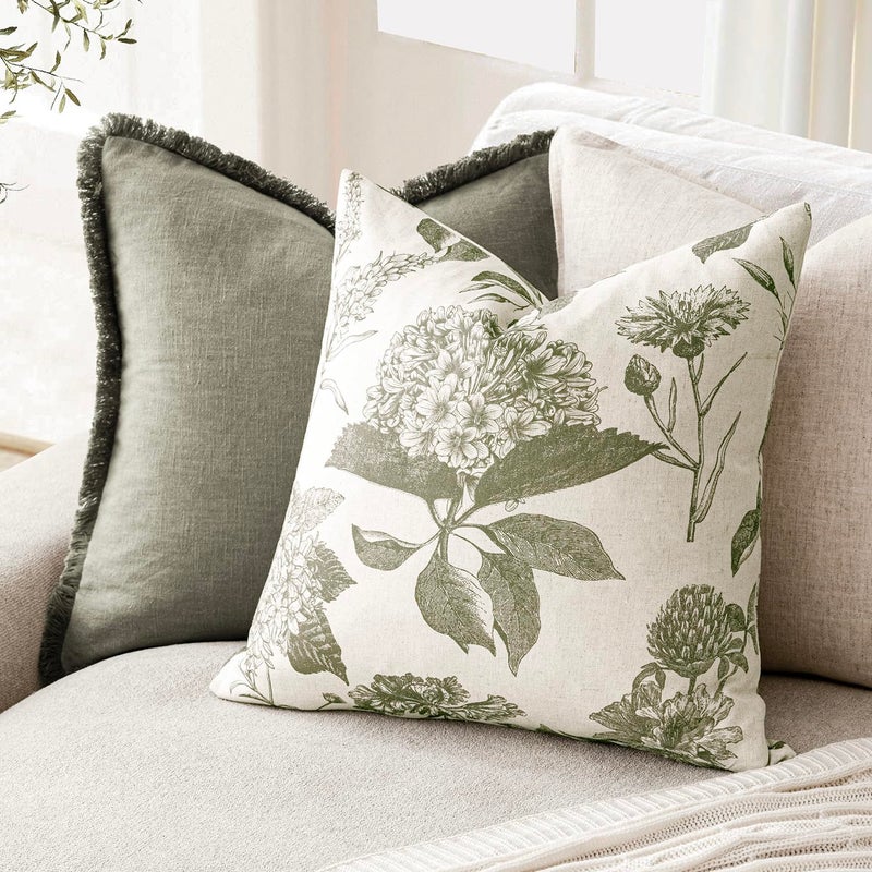 Foindtower Set of 2 Linen Floral Throw Pillow Covers Vintage Accent Print Decorative Cushion Covers Farmhouse Boho Home Decor for Sofa Chair Couch Bedroom Living Room,20Ã—20 Inch,Sage Green - Image 4