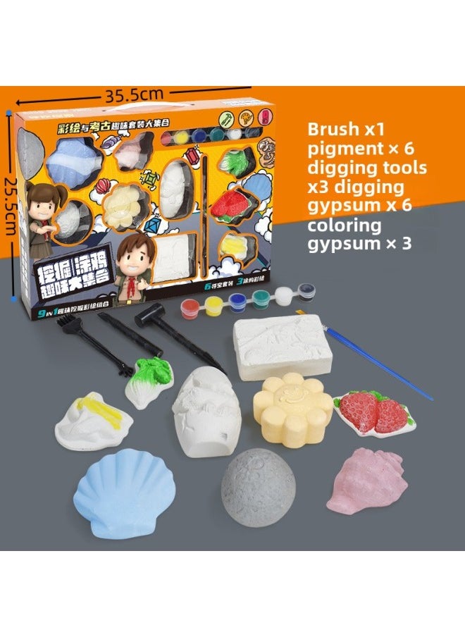 Archaeological Digging Toy Dinosaur Fossil Treasure Hunt Mermaid Children Gem DIY Handmade Archaeological Gem-Color:Dig | Graffiti 9N1 Gift Box  - Image 1