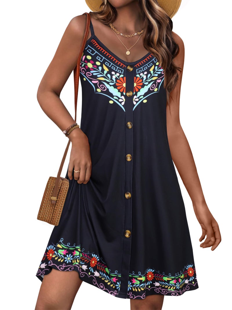 JOELLYUS Summer Dresses for Women Spaghetti Strap Button Down Casual Sundress Beach Cover Up Dress with Pockets(Black Boho, L) - Image 1