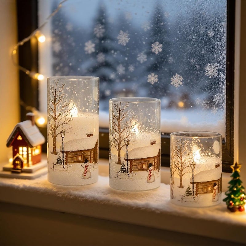 DRomance Snowman Glass Flameless Candles Rechargeable Battery Operated with Remote and Timer Real Wax LED Flickering Pillar Candles White Cold Light Window Christmas Holiday Decor D3 x 4",5",6" - Image 5