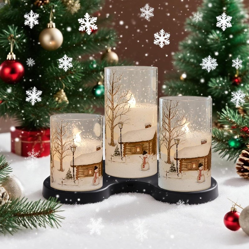 DRomance Snowman Glass Flameless Candles Rechargeable Battery Operated with Remote and Timer Real Wax LED Flickering Pillar Candles White Cold Light Window Christmas Holiday Decor D3 x 4",5",6" - Image 4